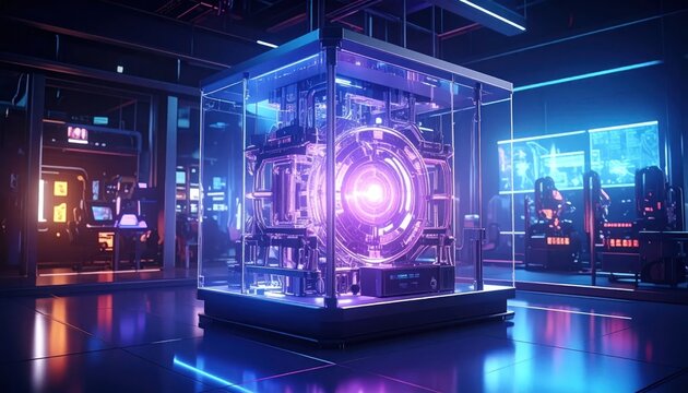 Futuristic glowing energy core in a high-tech laboratory setting.