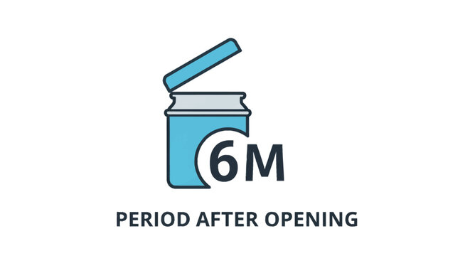 Vector illustration of a 6 months period after opening PAO symbol icon on a white background, featuring a blue open cosmetic jar and text indicating product shelf life.