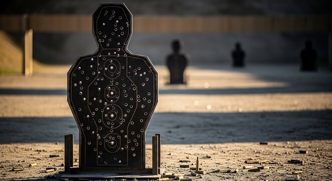Shooting range target practice with bullet holes and blurred background