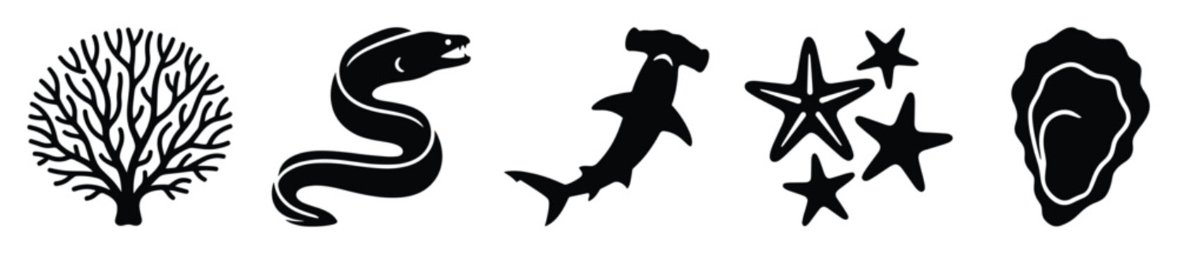 Underwater ocean life silhouettes featuring various sea creatures like shark eel coral starfish for marine projects