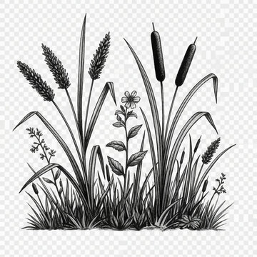 Black and white charcoal sketch of wetland vegetation featuring cattails, wild grasses, and a wildflower. Hand-drawn botanical illustration with stippled shading and line art details.