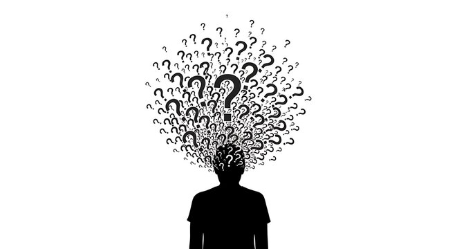 Silhouette head with question marks confusion ideas and concept design
