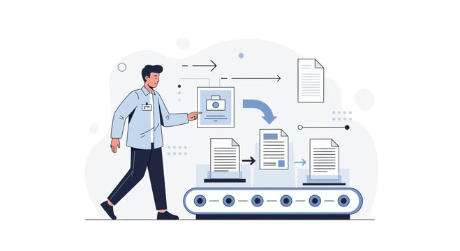 Man operating a document processing conveyor belt, workflow automation concept