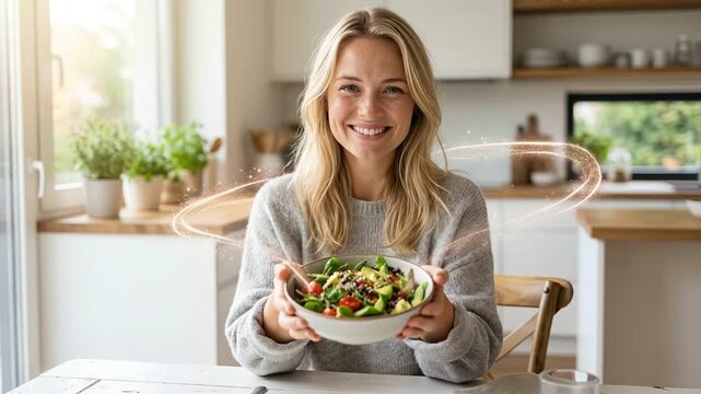 One woman presenting fresh salad in kitchen with magic light ring