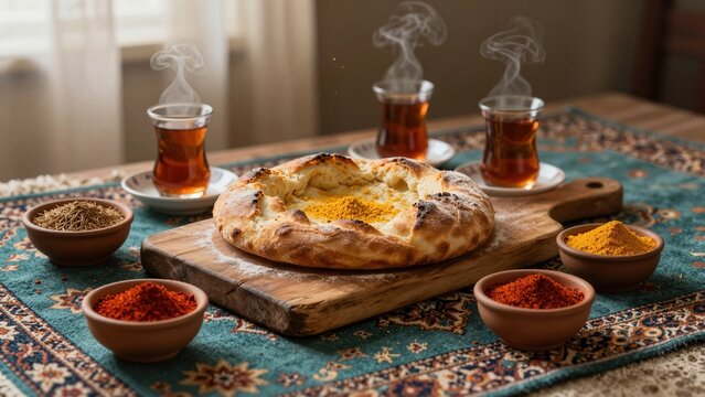 A traditional Middle Eastern breakfast with steaming tea, aromatic spices, and a freshly baked round loaf of khobz on a wooden board.