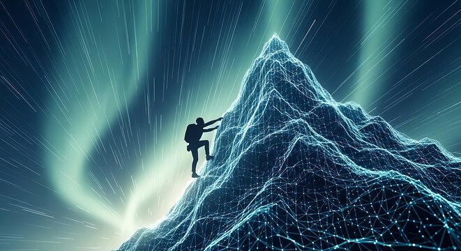 Silhouette of a person climbing a digital mountain against aurora borealis