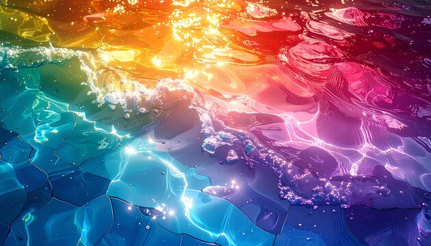 top view of rippling water surface with a spectrum of rainbow colors from red to blue reflecting golden sunlight.