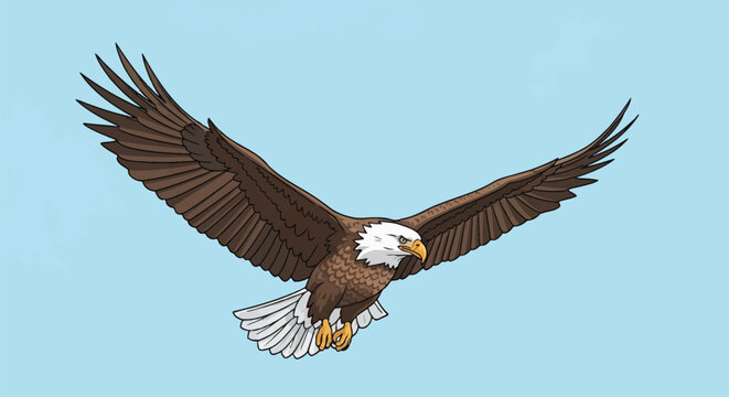 Vector illustration of a bald eagle in flight with wings spread wide, featuring detailed brown feathers, a white head, and yellow talons, isolated on a light blue background.