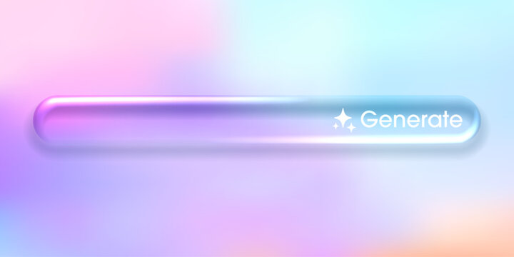 Glossy 3D glass morph button with transparent blur effect and generation icon for modern web design and digital interfaces. Vector illustration.