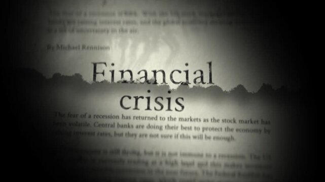 Dark newspaper headline reads "Financial Crisis"