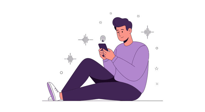 Man Sitting Using Smartphone, Listening to Music or Podcast, Sound Waves Visualized
