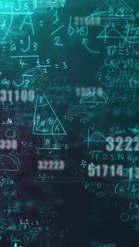 Vertical video: Camera pulling back, diagrams glowing and drifting, numbers scrolling showing math