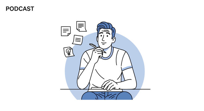 Man thinking about podcast ideas, writing notes and brainstorming creative concepts
