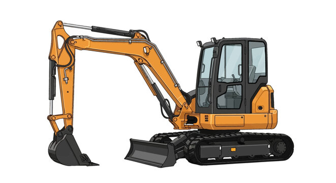 Detailed vector illustration of an orange mini excavator featuring a front dozer blade, hydraulic digging arm with bucket, enclosed black cabin, and crawler tracks, isolated on white background.