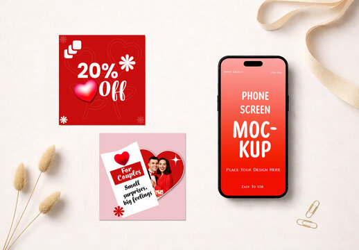 Smartphone Screen Mockup and Social Media Post Templates with Couple and Heart Designs