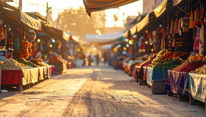 Obraz premium Cinematic Golden Hour Light Illuminates a Dusty Marketplace Alley with Stalls of Produce and Long Shadows