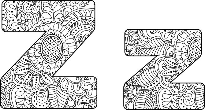 Letter Z, Uppercase and Lowercase, Doodle Pattern Outline Vector Element