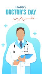 Happy Doctor's Day greeting card with faceless male physician holding a clipboard, flat vector illustration. © Olga