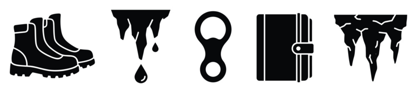 Set of black silhouette icons including boots, icicles, descender, and wallet for graphic use