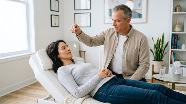 Hypnotherapist using a pendulum to perform a hypnosis session on a patient