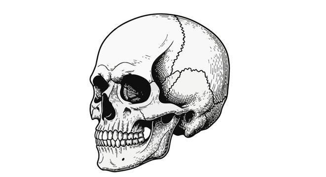 Hand-drawn black and white woodcut illustration of a human skull from a side view, featuring anatomical features like cranial sutures, teeth, and eye sockets on a white background.