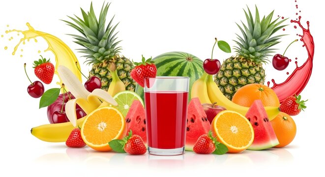 A colorful arrangement of fresh fruits and a glass of juice on transparent background