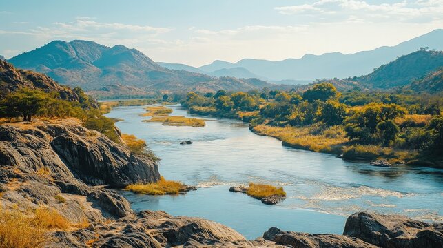 Zimbabwe landscape Zambezi River and granite hills beautiful nature view