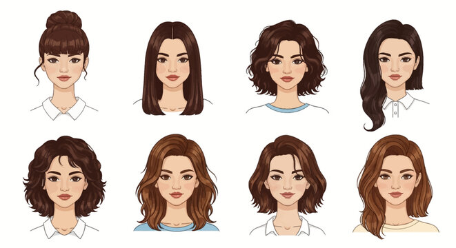 Illustration set of eight female avatars featuring diverse brunette hairstyles like high bun with bangs, straight lob, wavy bob, curly hair, and layered cuts on a white background.