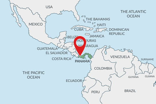 Panama location on the political map of America with pin location marker. Vector flat template.