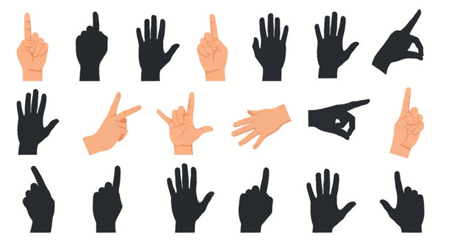 Comprehensive collection of human hand gestures featuring illustrated light skin tone hands and solid black silhouettes. Includes pointing, open palms, counting, and sign language symbols.