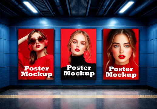 Subway Station Poster Mockup with Fashion Portrait Ads