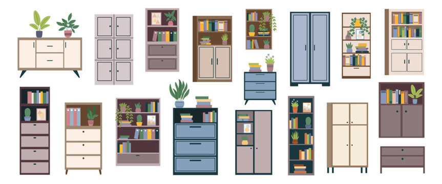 Collection of different bookcases, wardrobes, dressers, cupboards and drawers isolated on white background2. Vector flat furniture cliparts. Concepts of home, interiors, books.