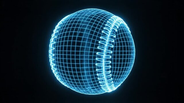 Futuristic Blue Wireframe Baseball Hologram Glowing on Black Background.