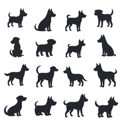Fototapeta premium Set of sixteen black dog silhouettes in various poses including sitting and standing, isolated on a white background, featuring different breeds with varying ear and tail shapes.