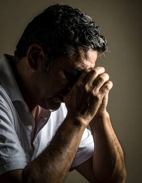 A man in a white shirt covering his face with his hands