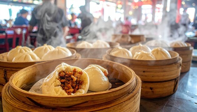 Steaming Bamboo Baskets Overflowing with Fluffy Bao Buns, Some Filled with Savory Char Siu Pork, in a Bustling Asian Eatery.