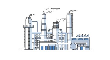 Fototapeta premium Vector illustration of an industrial chemical refinery complex featuring tall smokestacks emitting smoke, intricate piping systems, distillation towers, storage tanks, and warehouse buildings.