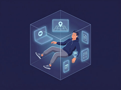  Digital Nomad in Zero-Gravity Cube &ndash; Abstract Multi-Screen Workspace Illustration