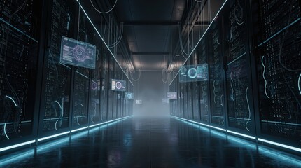 Fototapeta premium A futuristic data center hallway with rows of illuminated server racks and floating digital screens displaying complex data and network information.