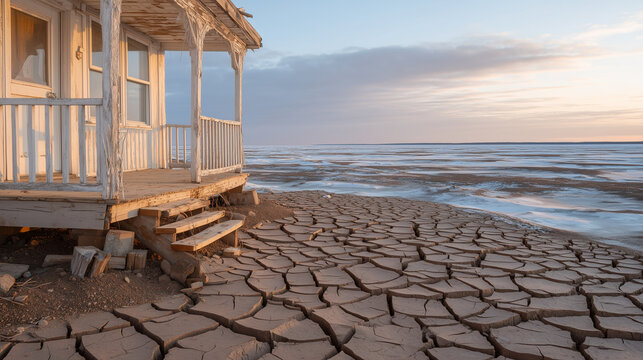 Permafrost thaw aftermath landscape, cracked tundra earth buckling a wooden cabin foundation in Arctic Alaska, tilted porch, muddy subsidence, climate change consequences, infrastructure damage, Arc