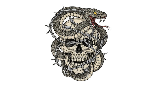 Vector illustration of a human skull entwined with a venomous snake with bared fangs and flickering tongue, wrapped in metallic barbed wire, isolated on white background.