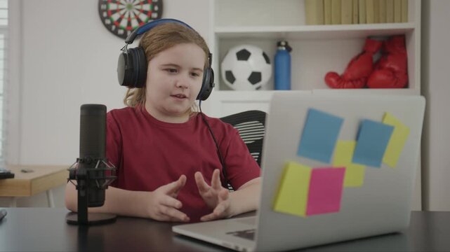 Kid recording show blogger content. Child building audience vlogger growth. Kid producing media blogger work. Child recording intro blogger video. Kid speaking live blogger broadcast.