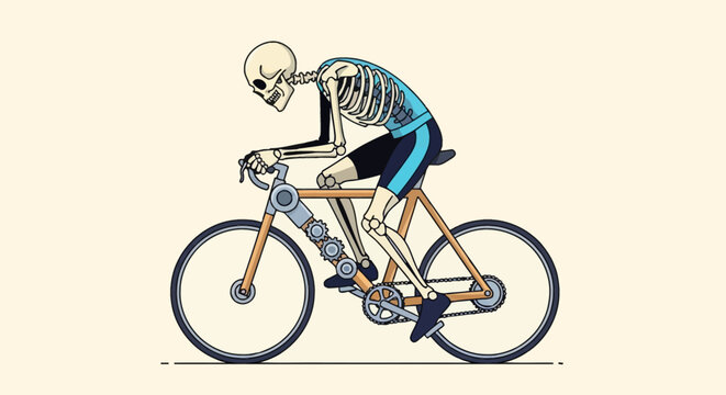 Vector illustration of a human skeleton athlete wearing blue and black cycling clothing riding a modern road bicycle with exposed mechanical gears on the frame, profile side view.