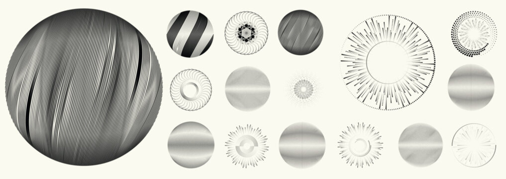 Abstract circular halftones element set, geometric dotted ring and spiral circle shapes for modern design, technology, or motion graphic backgrounds. Dotted round elements, radial spirals, and vortex.