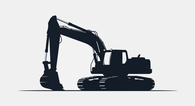 Black silhouette of a heavy-duty crawler excavator with its bucket lowered to the ground, showing detailed hydraulic arm and tracks, isolated on a plain white background.