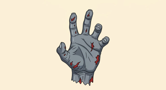 Detailed cartoon illustration of a severed gray zombie hand with open wounds and blood reaching upward, isolated on a light cream background for Halloween horror design.