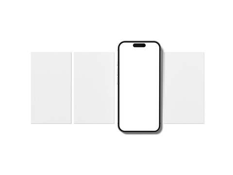 White Blank Phone Screen and Three Vertical Poster Mockup 3D Render in Flat Lay
