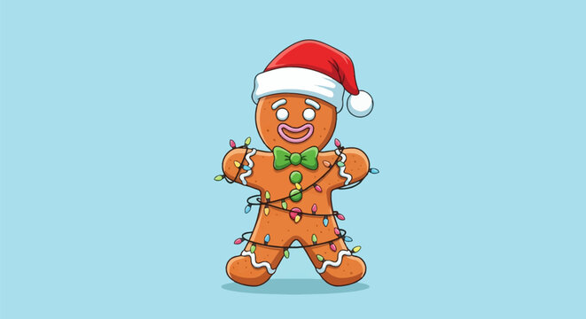 Illustration of a classic gingerbread man cookie character wearing a red Santa hat and green bow tie, wrapped in multi-colored Christmas fairy lights on light blue.