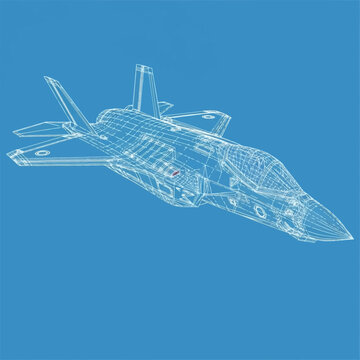 Technical white wireframe 3D mesh model of an F-35 Lightning II stealth multirole fighter jet shown from a perspective view, isolated on a solid blue background for design.