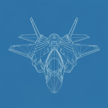 Detailed 3D wireframe technical illustration of an F-35 Lightning II stealth multirole fighter jet from a frontal perspective with a solid blue background and white mesh lines.